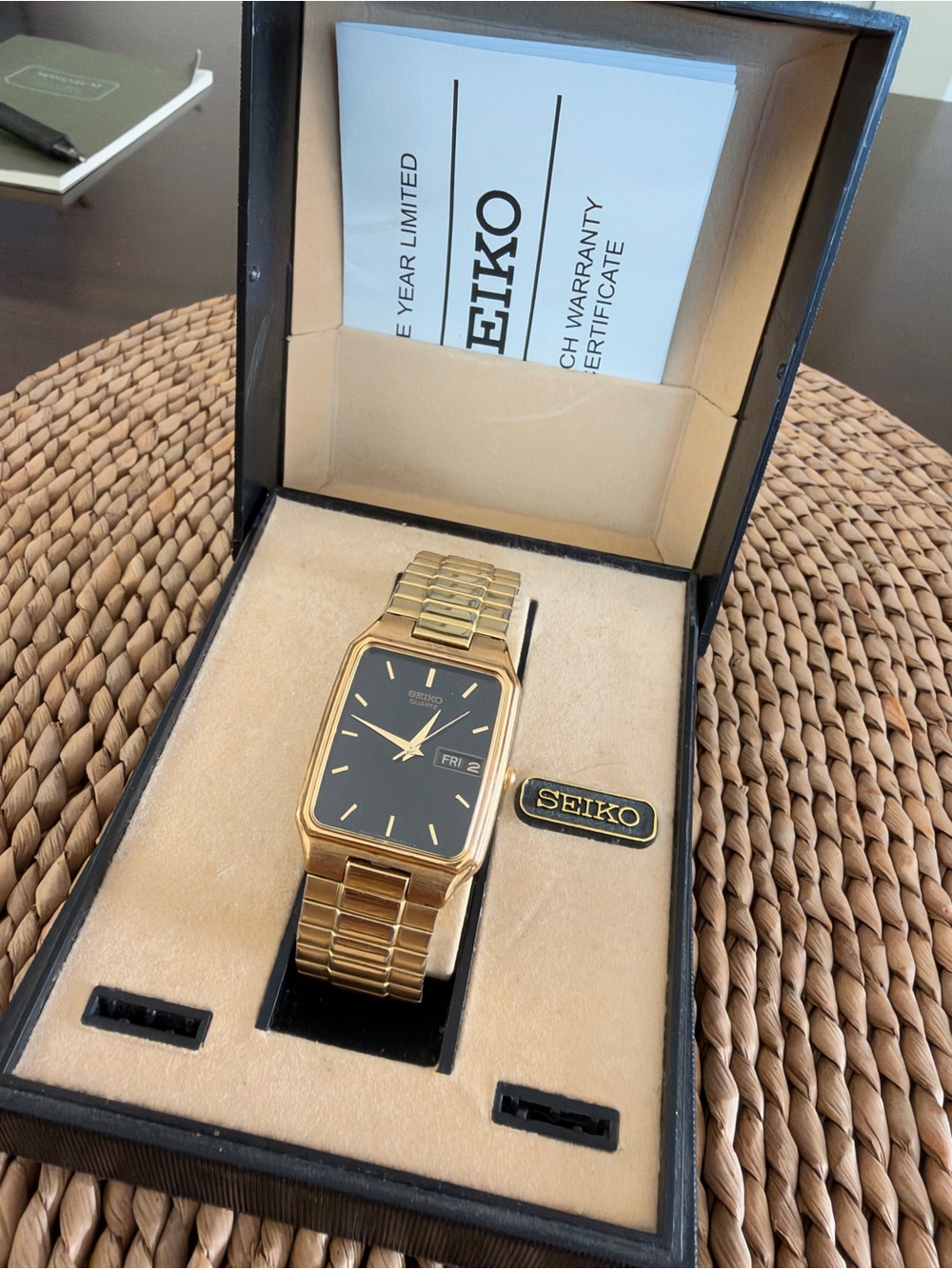 Seiko Gold-Tone Men's Rectangular Watch with Black Dial